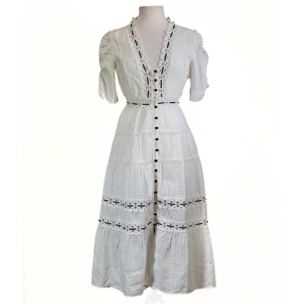Rahi White Cotton Dobby Midi Dress Womens S NWT Lace Button Front Boho Cottage